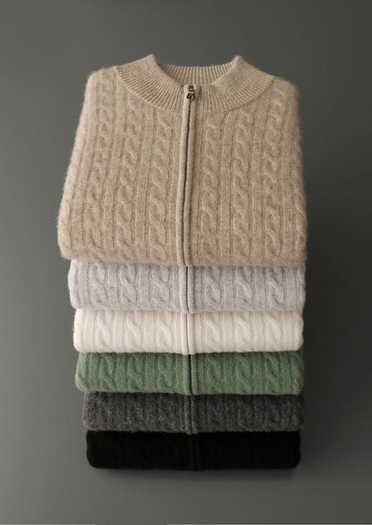 Pure Extra-Fine Merino Wool Cable Knit Zip Cardigan