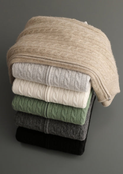 Pure Extra-Fine Merino Wool Cable Knit Zip Cardigan