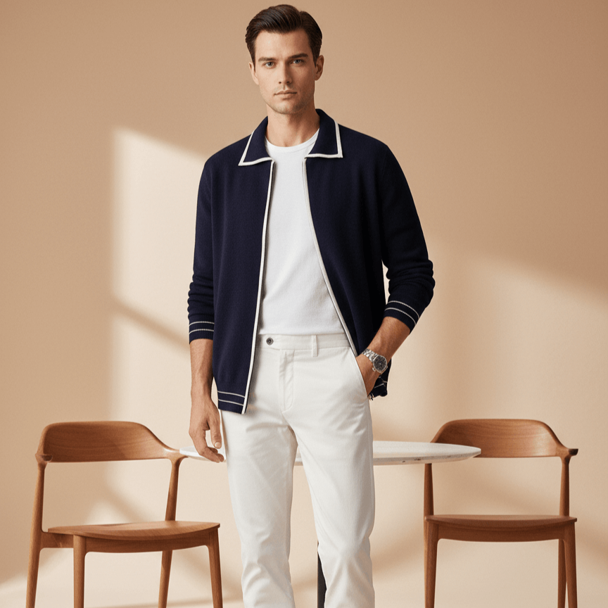 Man wearing a navy jacket, white shirt, and white pants standing in a minimalistic room with wooden chairs and a table.
