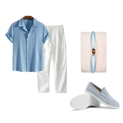 Collage of a blue and white outfit with white pants, a bracelet, and loafers on a white background.