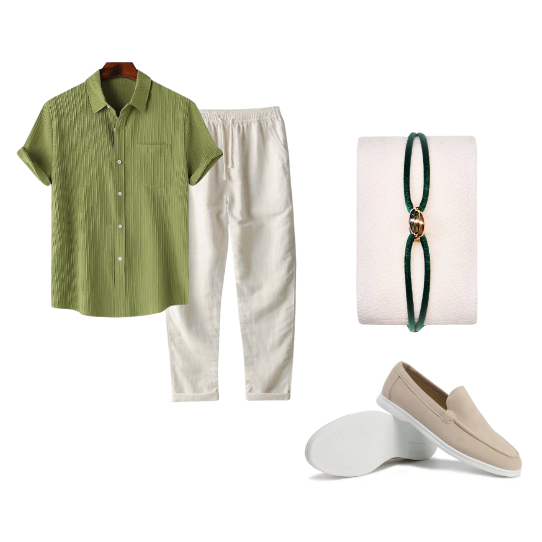 Collage of clothing and accessories including a green shirt, white pants, loafer shoes, and a bracelet on a white background.