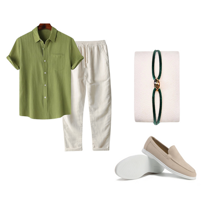 Collage of clothing and accessories including a green shirt, white pants, loafer shoes, and a bracelet on a white background.