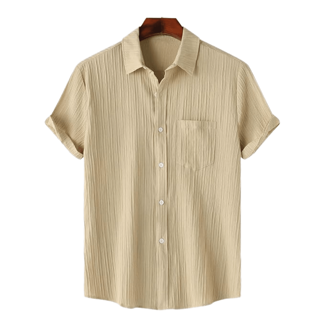 Beige striped shirt on a hanger with a white background