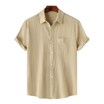 Beige striped shirt on a hanger with a white background