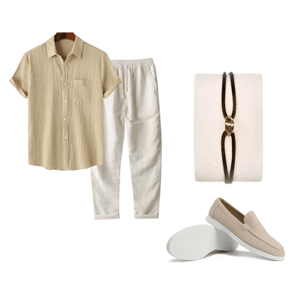 Collage of clothing and accessories including a shirt, pants, loafer shoes, and jewelry on a white background.