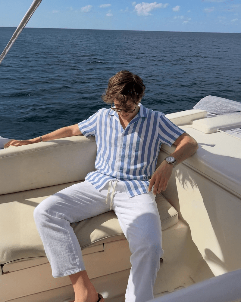 Men's light blue premium linen-blend shirt and pants set for a sophisticated vacation look.