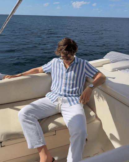 Men's light blue premium linen-blend shirt and pants set for a sophisticated vacation look.