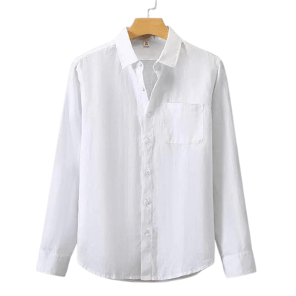 White shirt on a wooden hanger against a white background