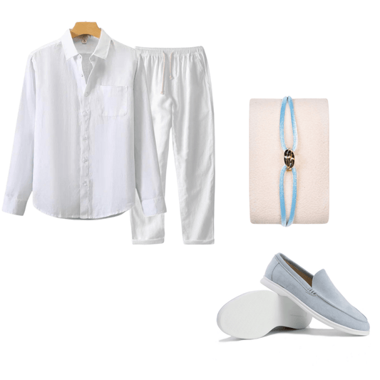 White linen set with a bracelet and loafers on a white background