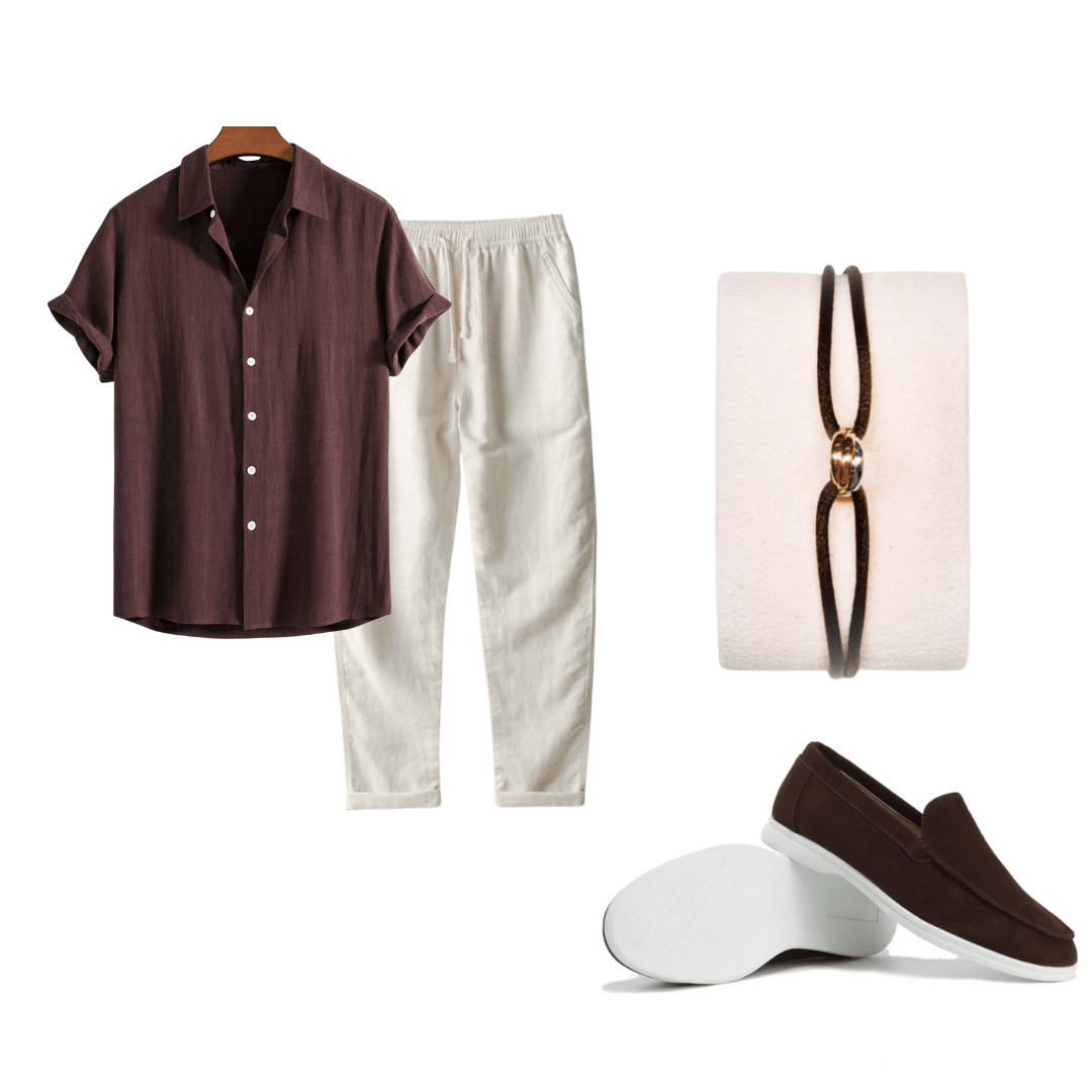 Collage of clothing and accessories including a shirt, pants, loafer, and bracelet on a white background.