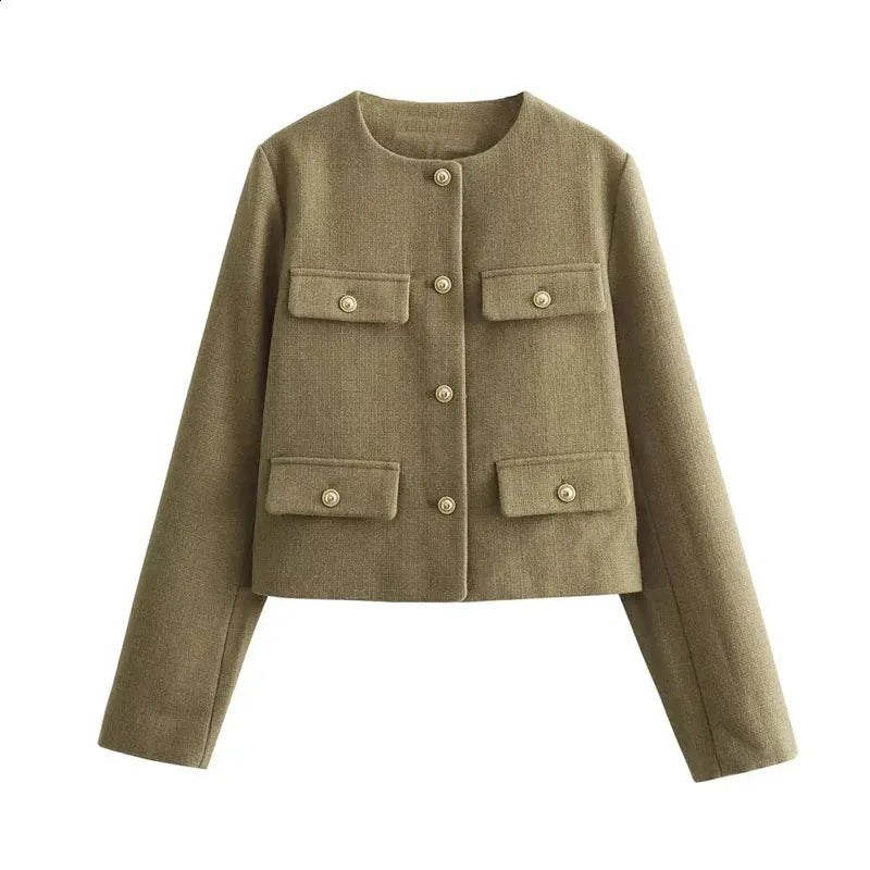 Brown cropped textured jacket with gold buttons in a structured boxy fit