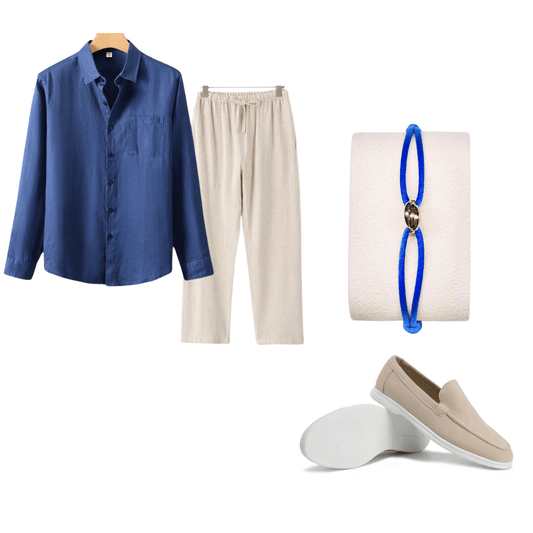 Collage of linen set, bracelet, and loafers on a white background