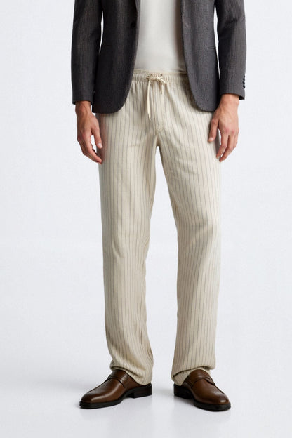 BREATHABLE SOLID DRAWSTRING LINEN PANTS - LORMIER - 