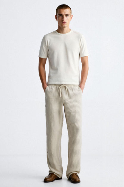 BREATHABLE SOLID DRAWSTRING LINEN PANTS - LORMIER - 