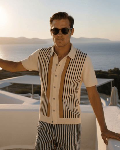 Men's sand-colored short-sleeve knit polo cardigan featuring a full-button front placket, a traditional spread collar, and a smooth, tailored fit.
