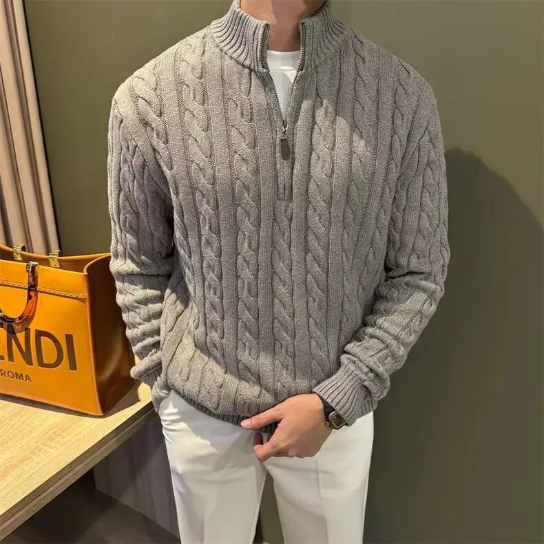 Men's heather gray cable-knit cotton sweater with a quarter-zip neckline and premium ribbed detailing.