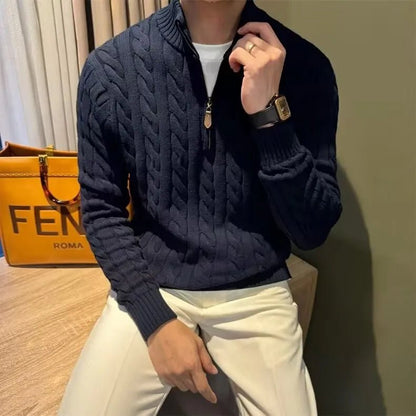 Classic navy blue cable-knit quarter-zip for men, showcasing an intricate textured weave and a refined Old Money aesthetic.