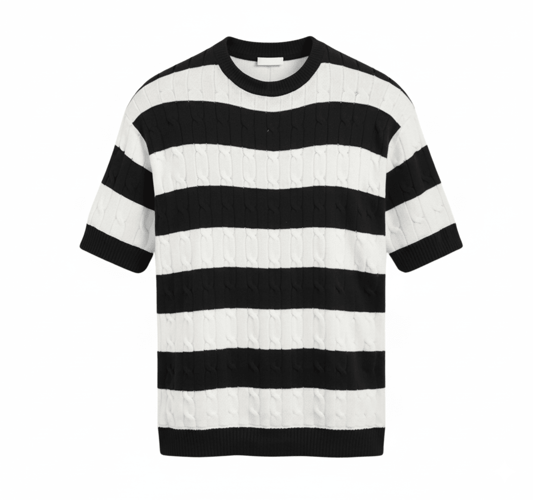 Sophisticated black and white striped cable knit tee for men, showcasing a refined Italian-inspired fit and breathable cotton-blend fabric.