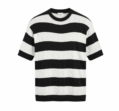 Sophisticated black and white striped cable knit tee for men, showcasing a refined Italian-inspired fit and breathable cotton-blend fabric.