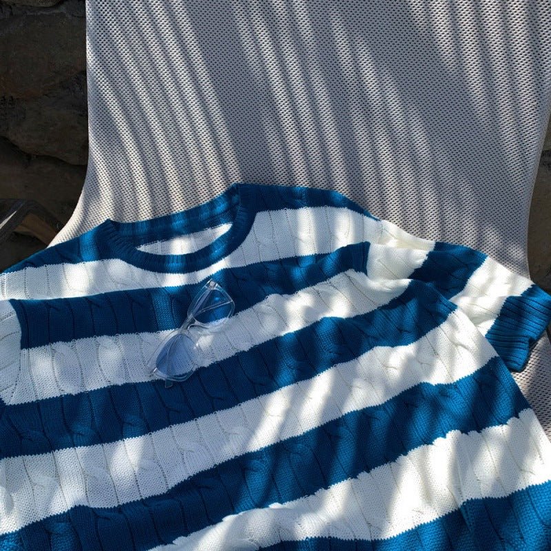 Close-up of the intricate cable knit texture on a striped resort shirt, highlighting the high-quality craftsmanship and breathable design.