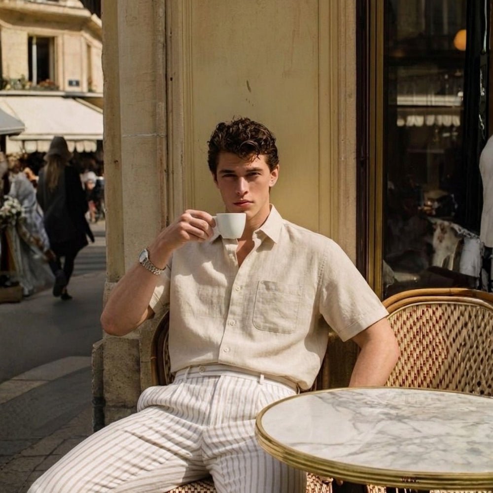 Men's beige short sleeve linen shirt featuring a natural slub texture, chest pocket, and a relaxed tailored fit.
