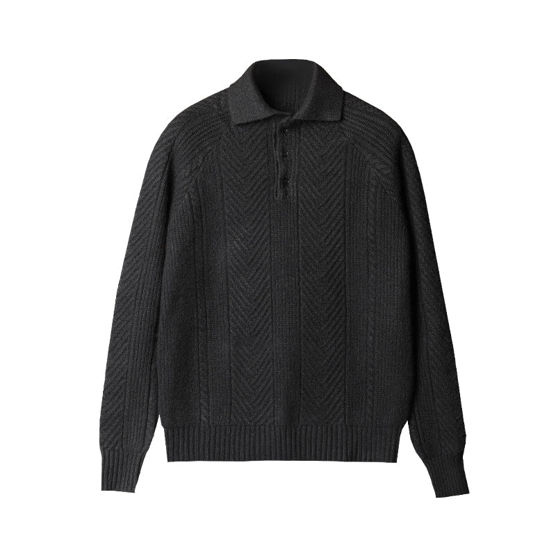 Men's black chevron cable knit polo pullover featuring a sophisticated 3D textured weave and a tailored three-button collar for a modern minimalist look.