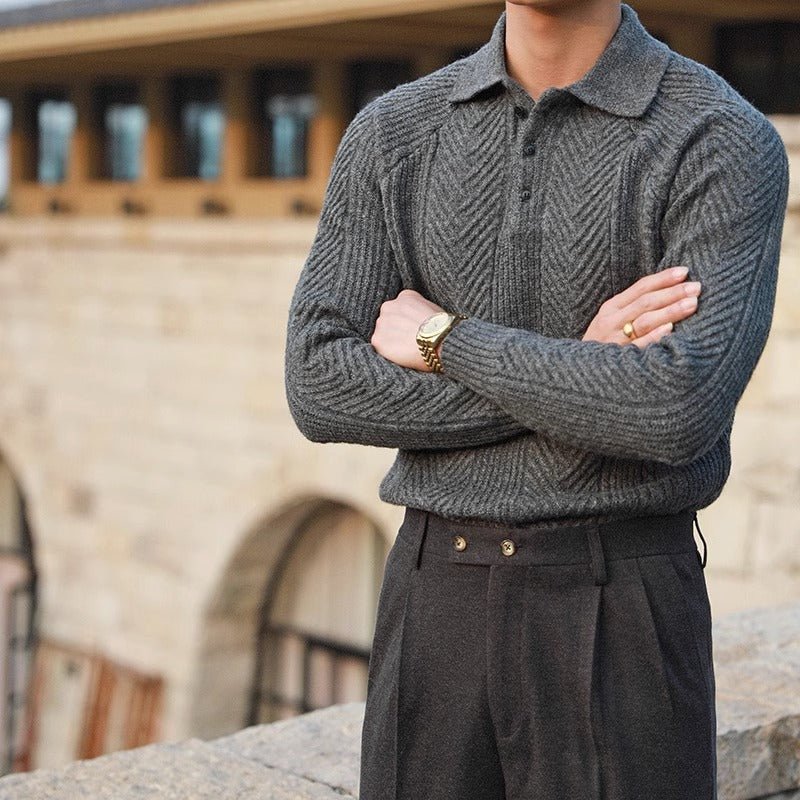 Sophisticated gray textured knit polo sweater for men, showcasing a tailored fit and premium cotton-blend chevron weave.