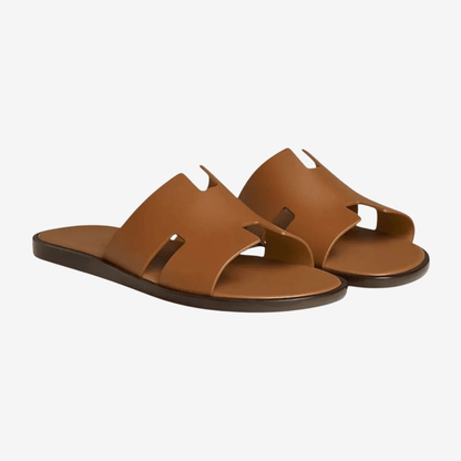 Heritage brown genuine leather sandals for men with a minimalist open design and durable rubber sole.