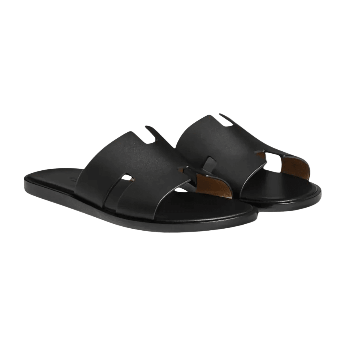 Men's black classic leather cross-strap sandals featuring a smooth finish and a padded comfort insole.