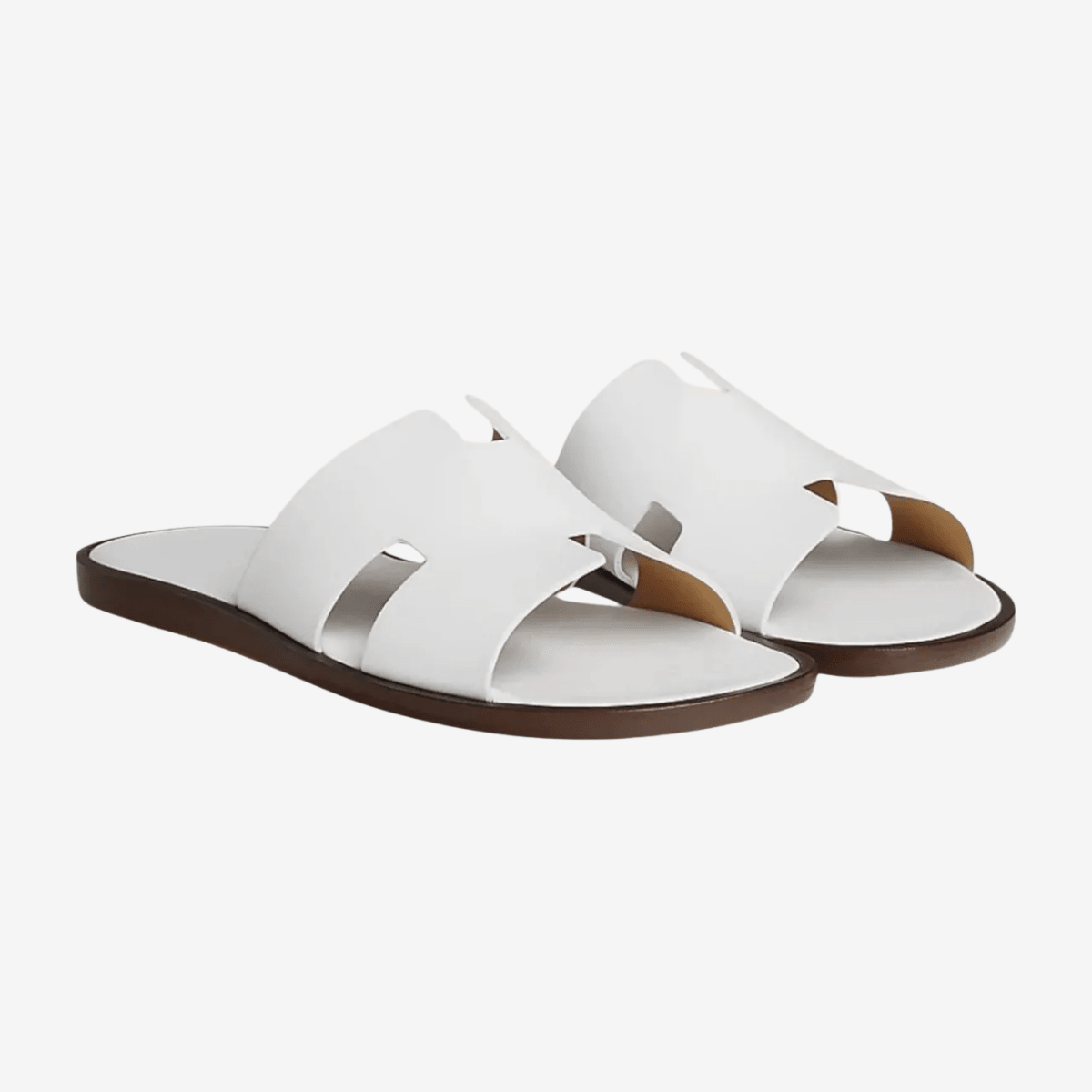 Clean white leather summer sandals for men, showcasing a sophisticated smart-casual silhouette.