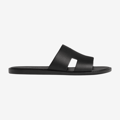 Men's black classic leather cross-strap sandals featuring a smooth finish and a padded comfort insole.