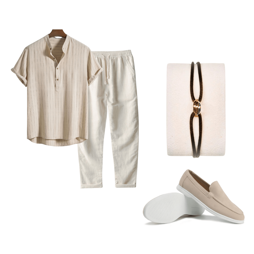Outfit with beige shirt and pants, necklace, and loafers on a white background