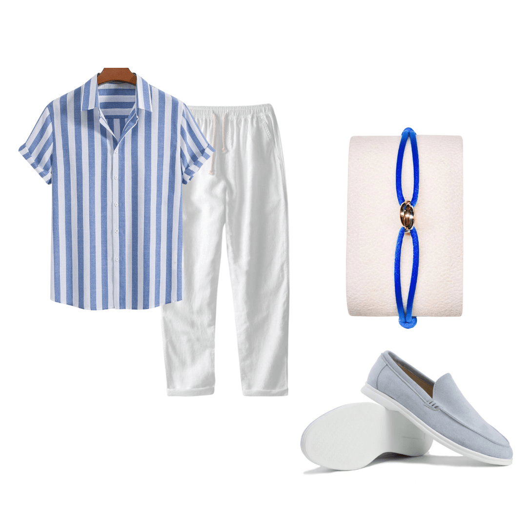 Blue and white striped shirt, white pants, blue loafers, and blue bracelet on a white background