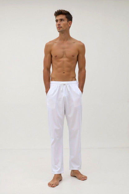 COTTON & LINEN BLEND DRAWSTRING PANTS - LORMIER - 