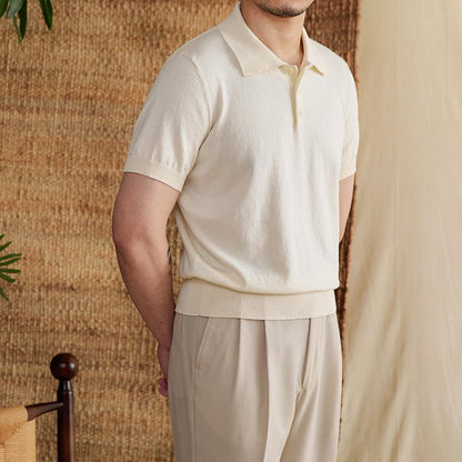 Men's elegant beige cotton-linen polo showcasing a sophisticated natural texture and a tailored athletic silhouette.