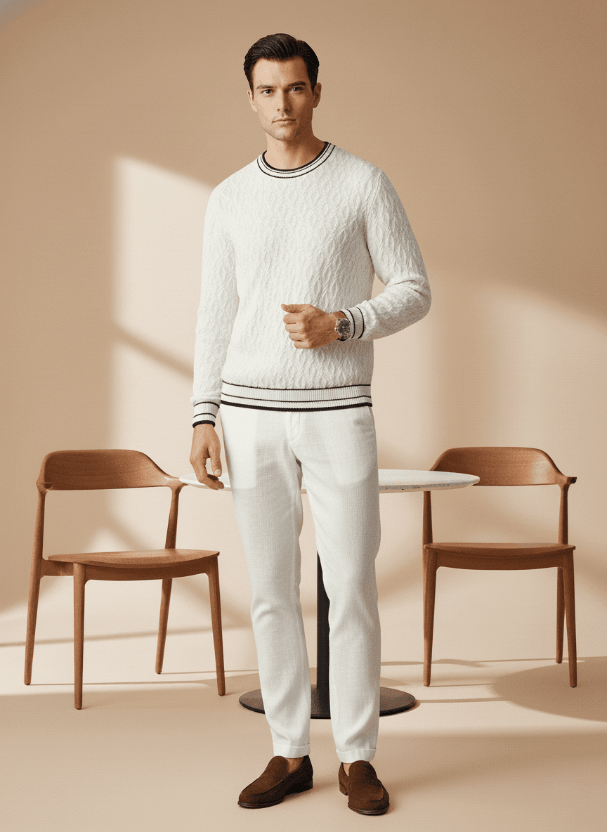 Man wearing a white sweater and pants in a minimalistic room with wooden chairs and a table.
