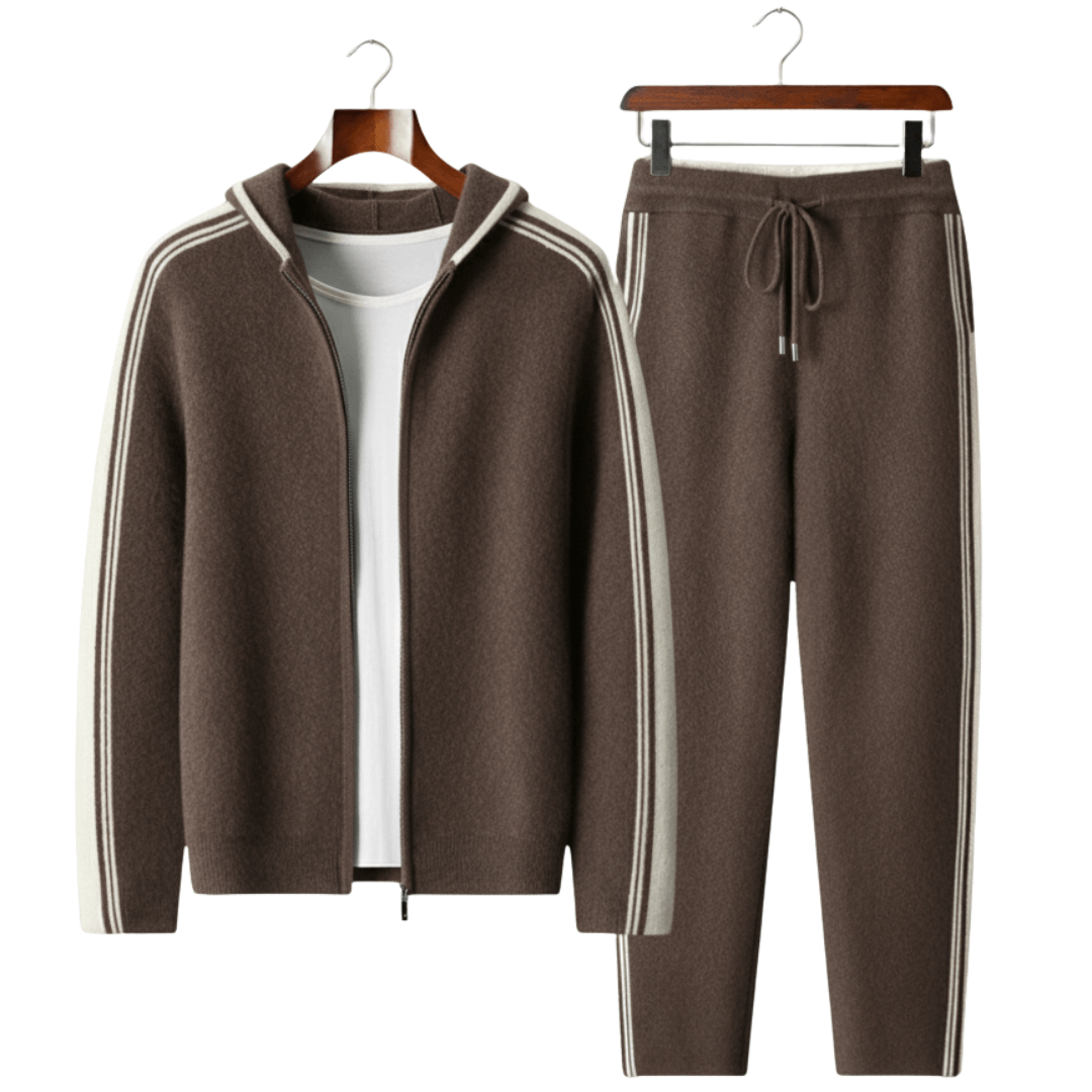 Brown tracksuit with white stripes on hangers against a white background