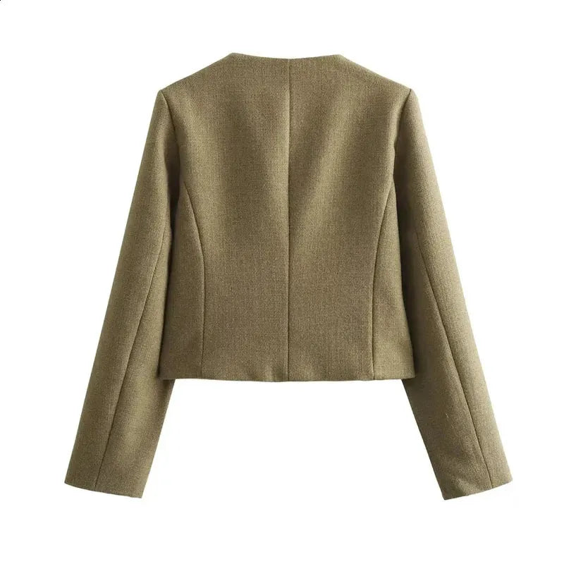 Back view of a brown cropped textured jacket with gold buttons in a structured boxy fit