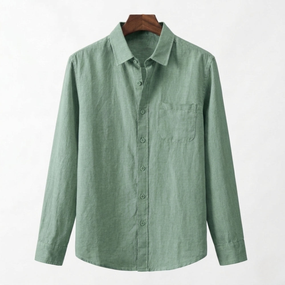 Men's forest green long sleeve linen shirt with a rich earth-toned texture and refined barrel cuffs.