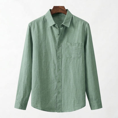 Men's forest green long sleeve linen shirt with a rich earth-toned texture and refined barrel cuffs.