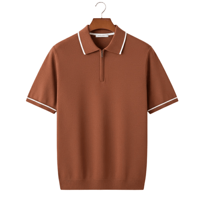 Premium coffee-colored quarter-zip knit polo with a sophisticated tailored fit and minimalist contrast detailing.