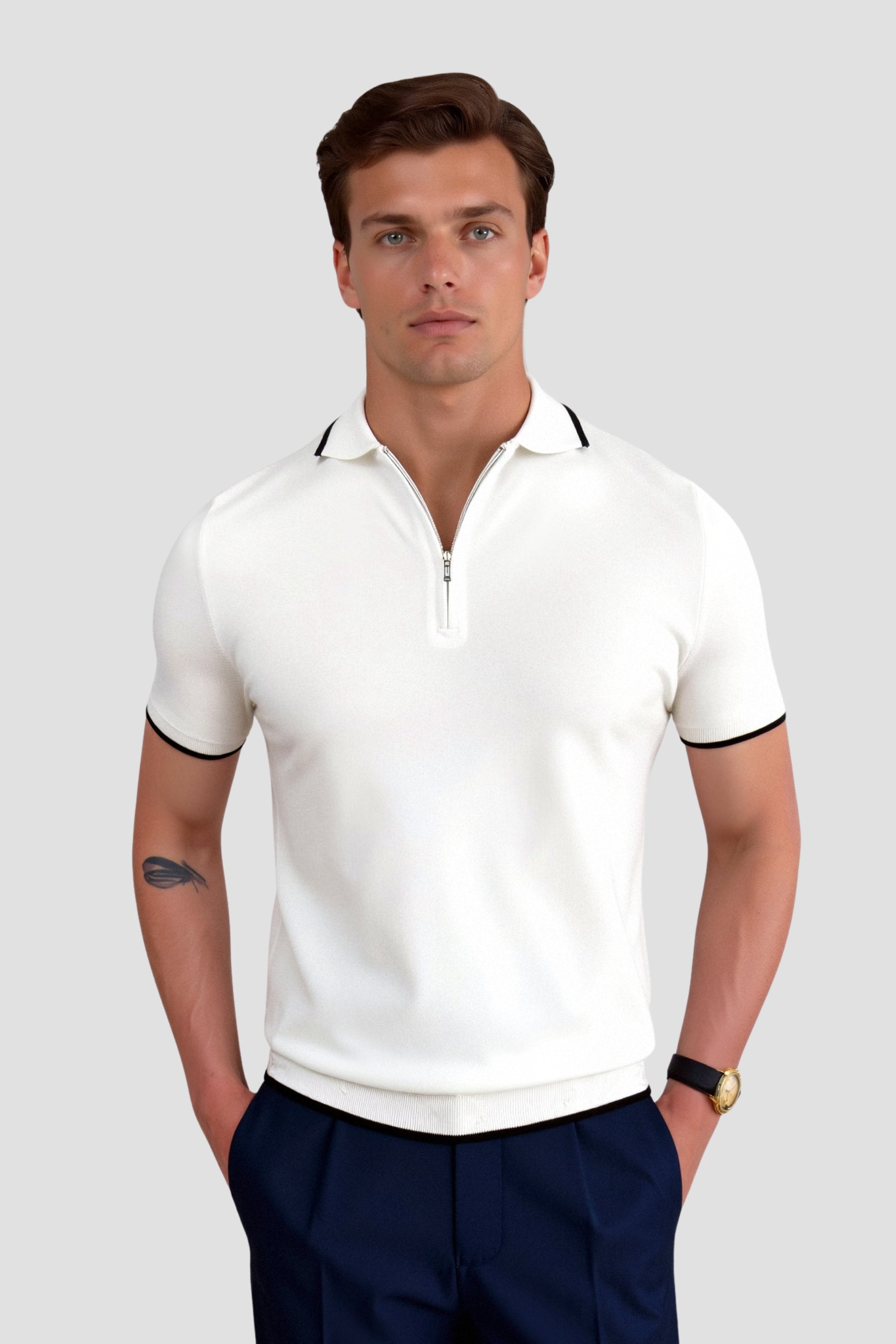 Men's Tipped Quarter-Zip Knit Polo | Slim Fit Golf Polo | Lormier