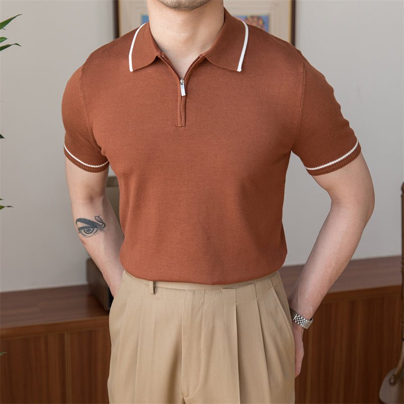 Premium coffee-colored quarter-zip knit polo with a sophisticated tailored fit and minimalist contrast detailing.