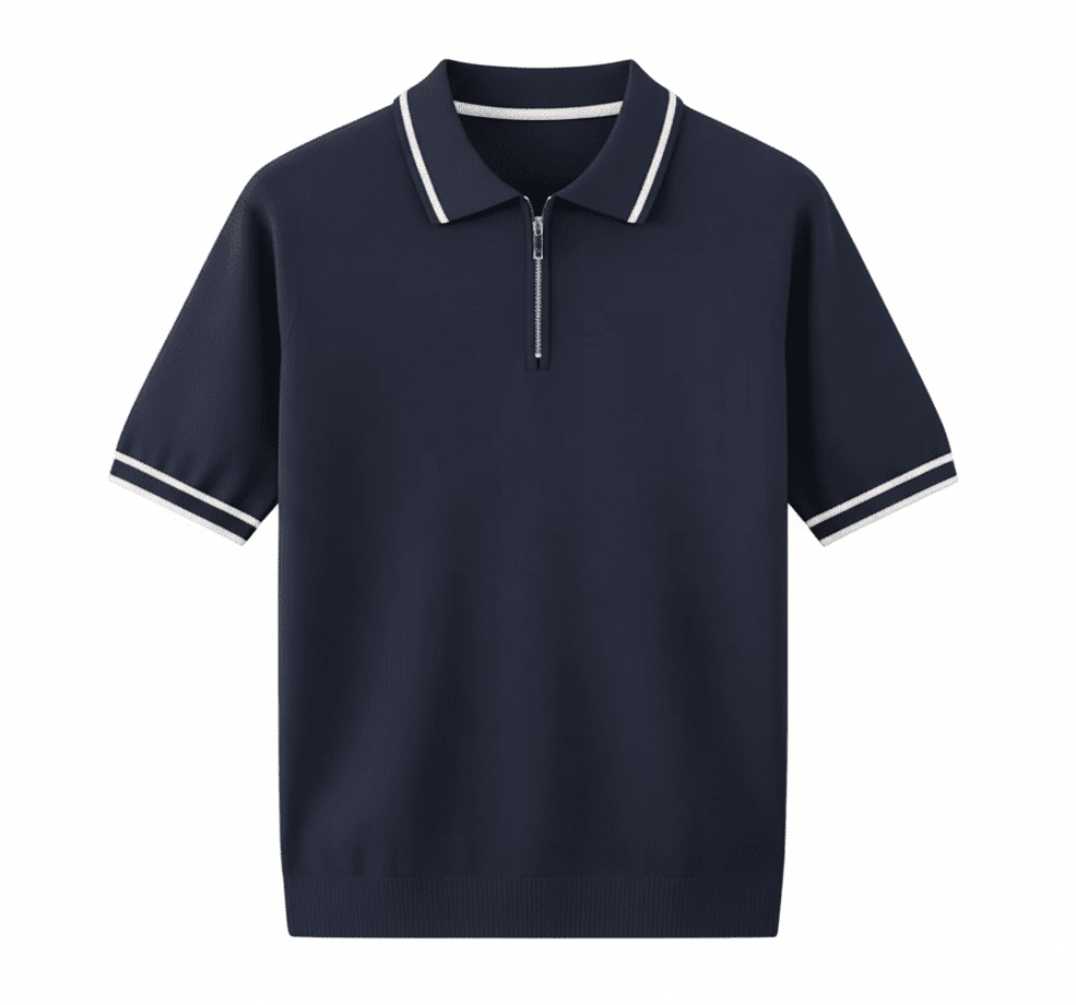 Men's navy blue knitted quarter-zip polo with a white contrast tipped collar and matching white sleeve trim.