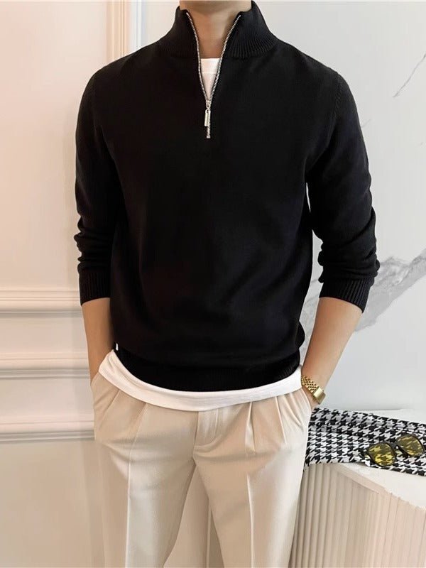 Sophisticated black linear ribbed sweater with a quarter-zip front, ideal for a minimalist 'Old Money' layered look.