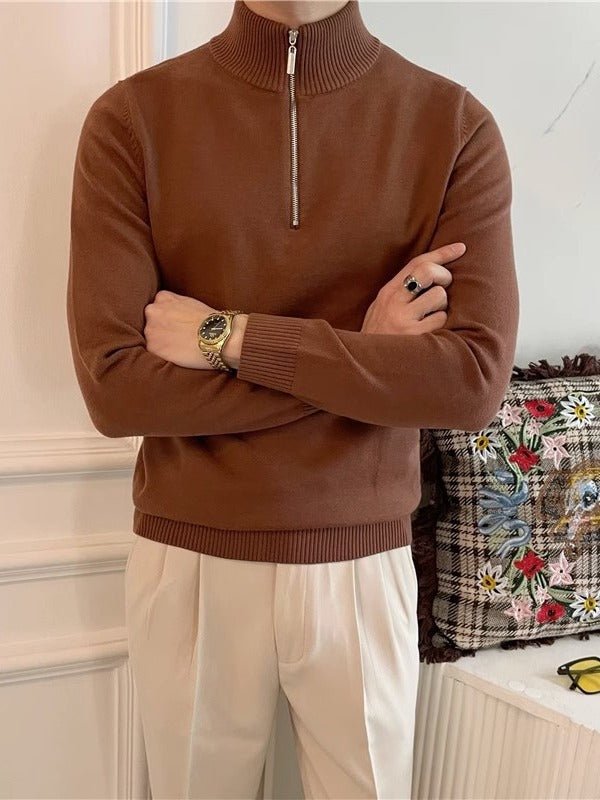 Men's brown quarter-zip sweater with a unique linear ribbed texture and structured mock-neck collar.