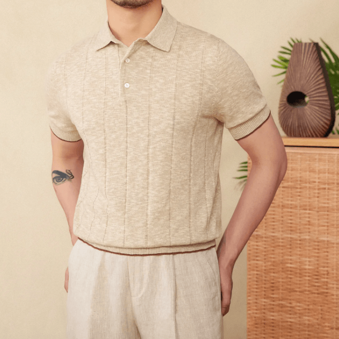 Sophisticated beige ribbed knit polo for men featuring a three-button front and breathable linen-cotton blend.
