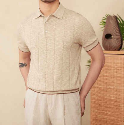 Sophisticated beige ribbed knit polo for men featuring a three-button front and breathable linen-cotton blend.