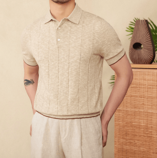 Sophisticated beige ribbed knit polo for men featuring a three-button front and breathable linen-cotton blend.