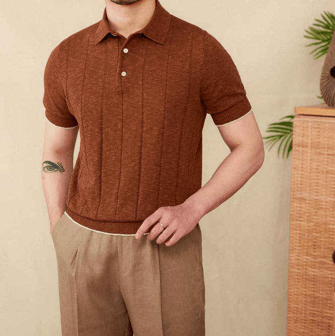 Men's brown linen-blend ribbed polo shirt with a three-button placket and structured lapel collar.